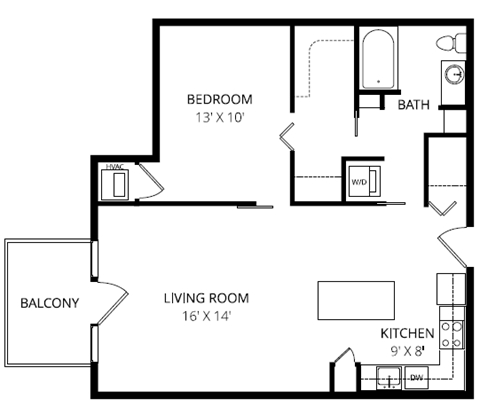 Floor plan for 1 bed, 1 bath, 810 sqft
